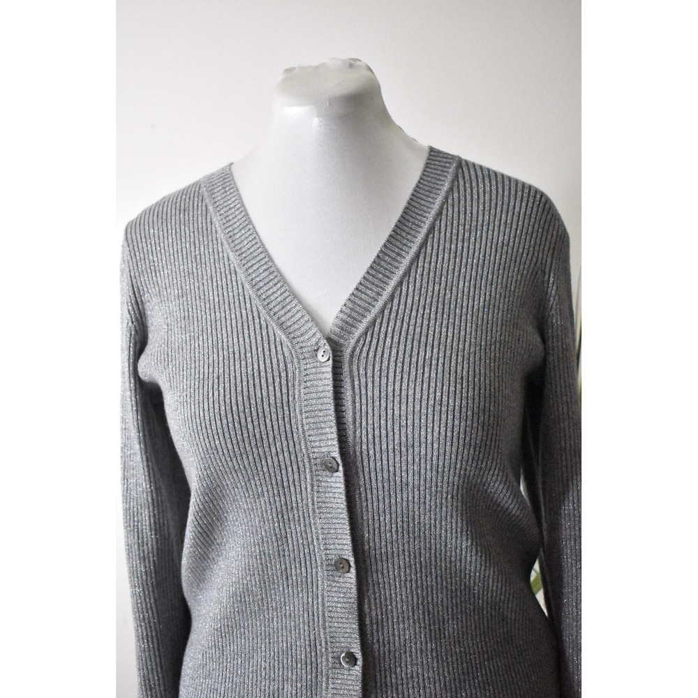 Classiques Entier Cardigan Sweater Women L Silver Y2K Metallic Ribbed V-Neck - Picture 2 of 9